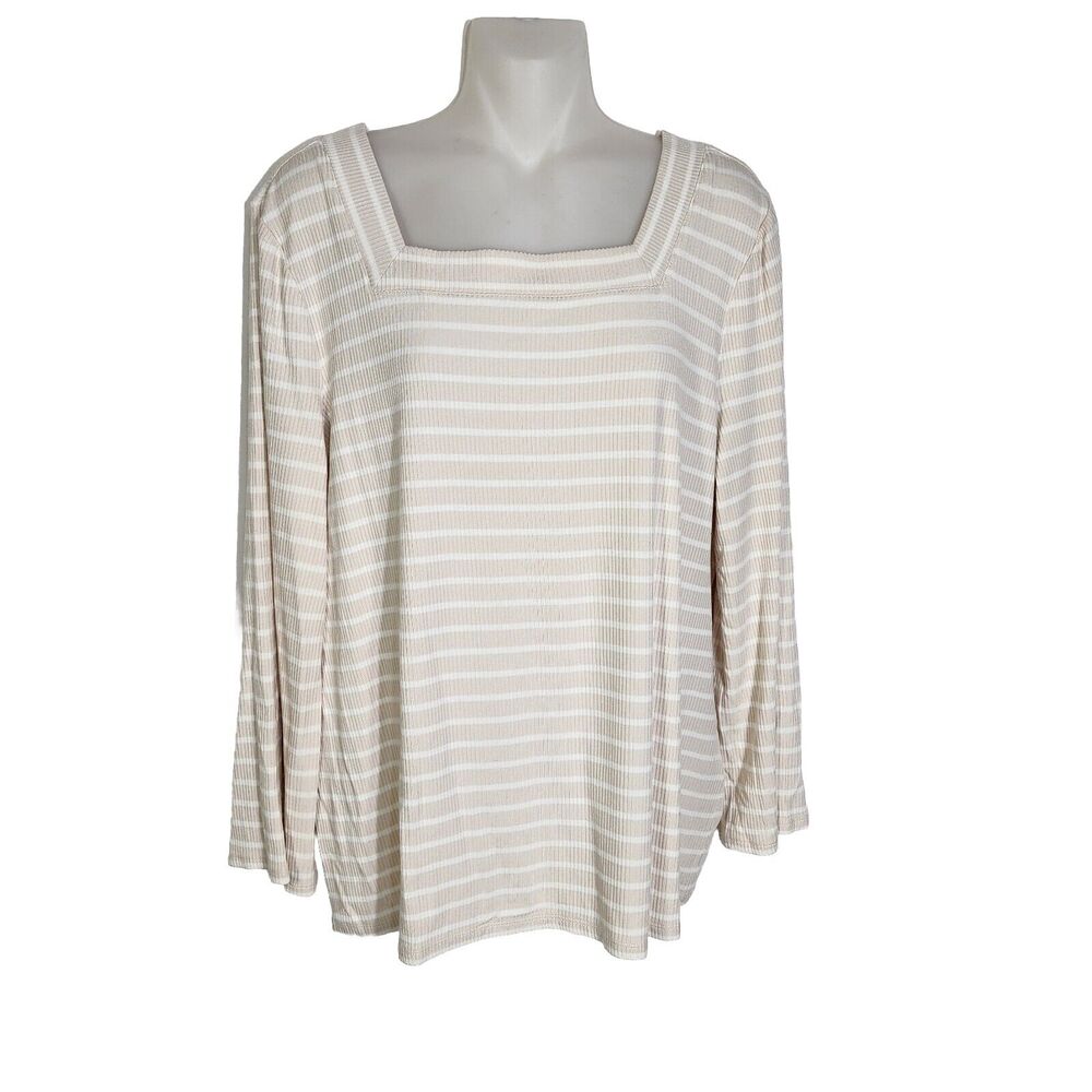 Chico's Womens Top Size 2 Large Beige White Striped Rib Knit Stretch Square Neck